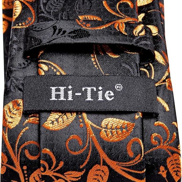 Silk Paisley Necktie and Pocket Square Cufflinks Set Orange Black - Picture 6 of 6